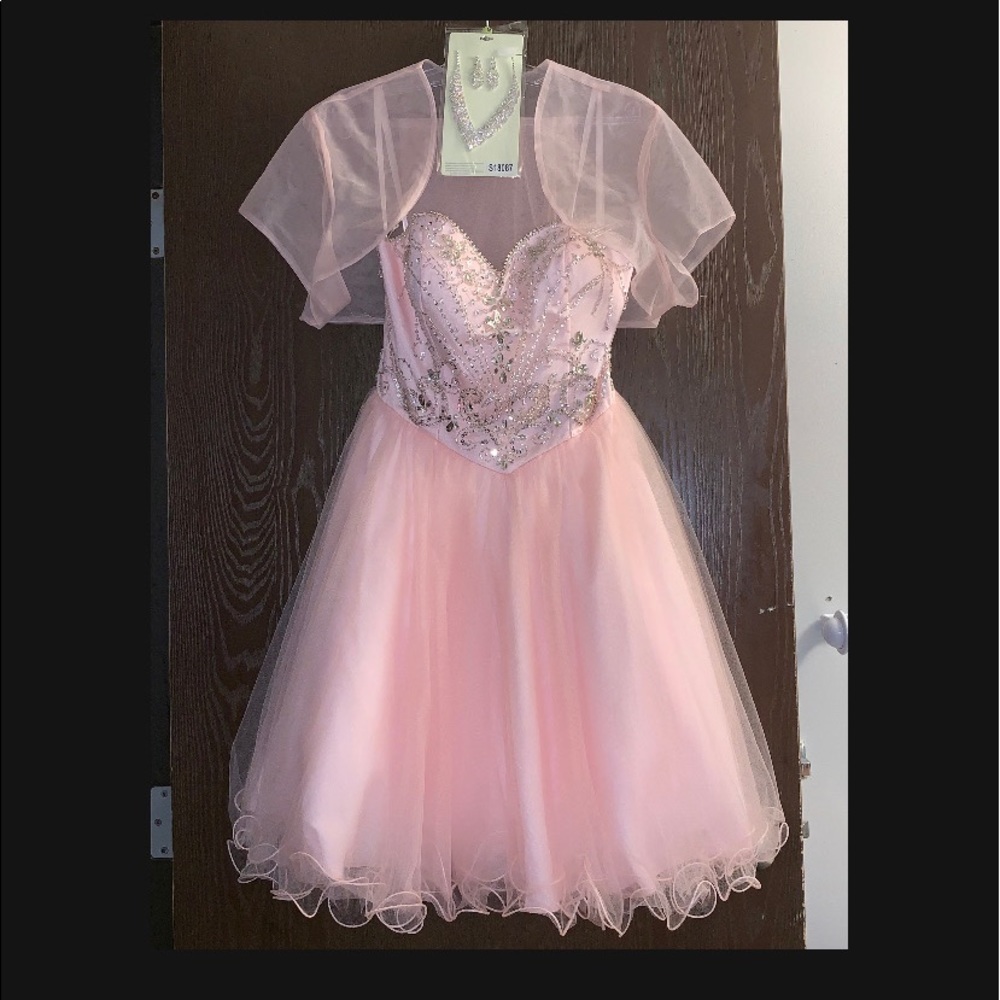 Prom dress with shawl, jewelry, purse, and shoes